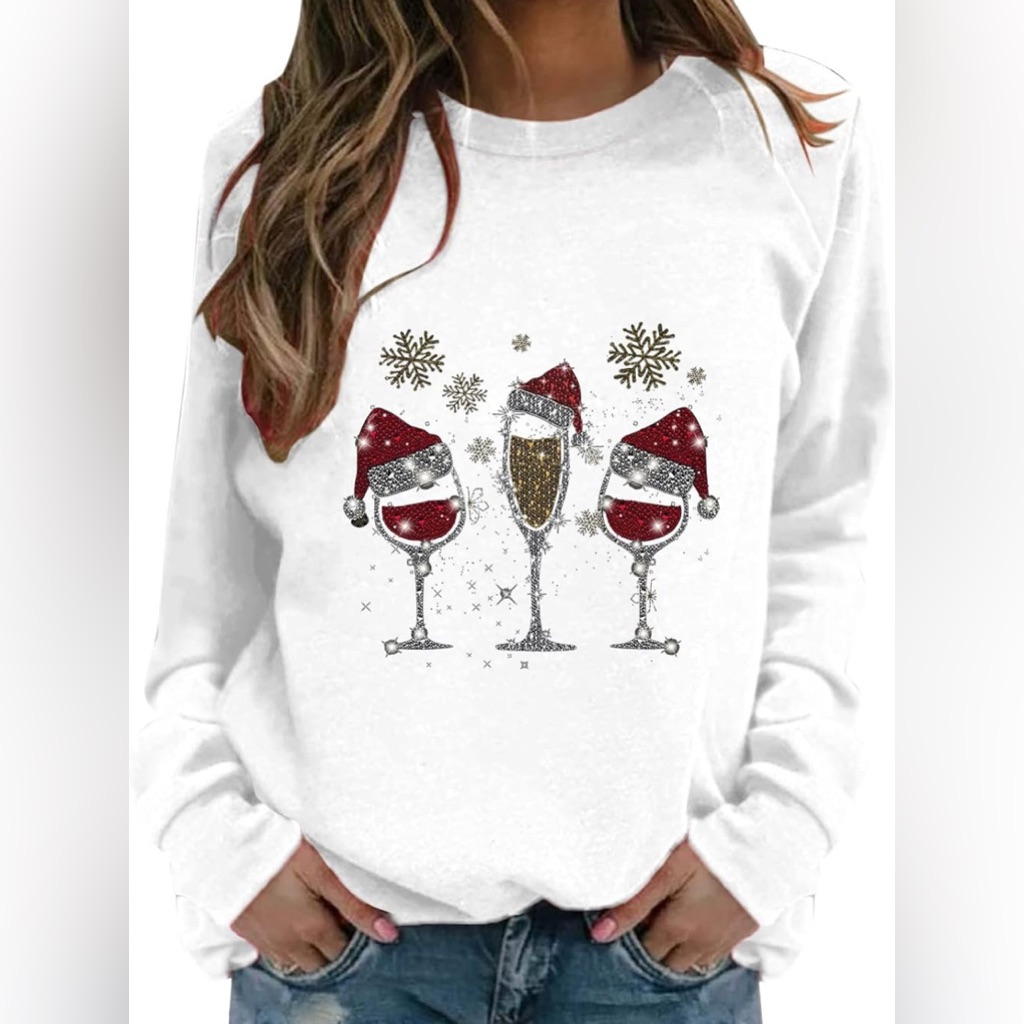 Holiday Fleece Cream Pullover Sweater Women's Sequin Wine Champagne Glass Nwt L